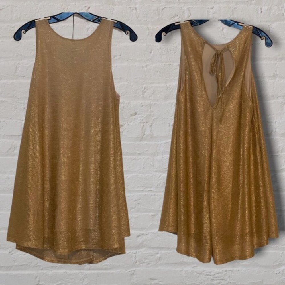 Tobi Metallic Gold Sleeveless Babydoll Relaxed Fit Tunic Above Knee Mini Dress
